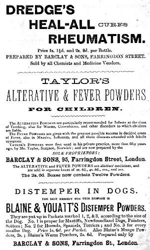 Adverts for Dredge's Heal-All, Taylor's Alterative & Fever Powders, Blaine & Youatt's Distemper Powders