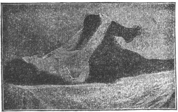 Exercise No. 5.—Reclining, bring right leg up, clasping
hands over knee and pulling leg up as far as possible.