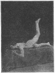 Exercise No. 10.—Reclining on stomach, raising left leg
with knee straight, as high as possible; same with right.