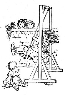 girl on swing, two children looking over brick fence and baby on ground watching