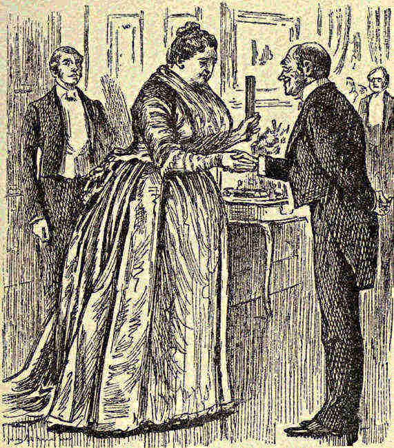 Gentleman greeting a stout lady at a party