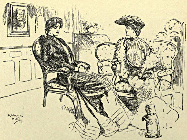 Two ladies talking; small dog begging at their feet