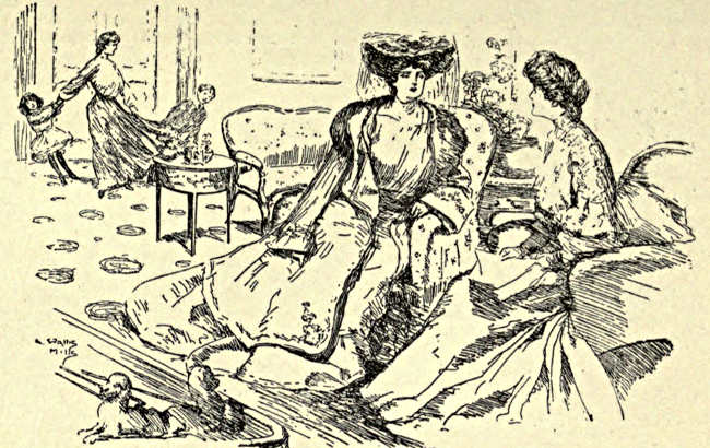 Two ladies talking as governess drags obstreporous children away