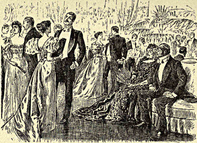 Party scene; host and hostess (somewhat older than all the other guests) sitting to one side