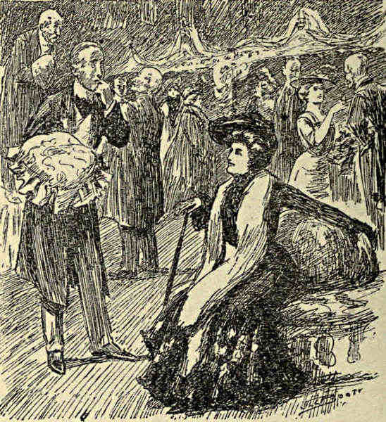Gentleman offering a lady a cushion to purchase