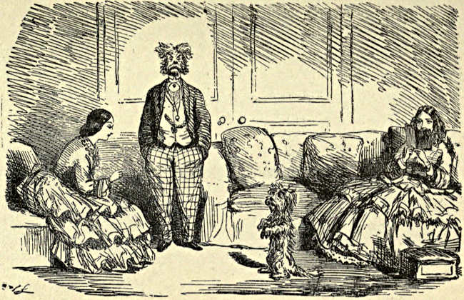 Gentleman addressing two ladies and their Skye terrier, which latter he very closely resembles