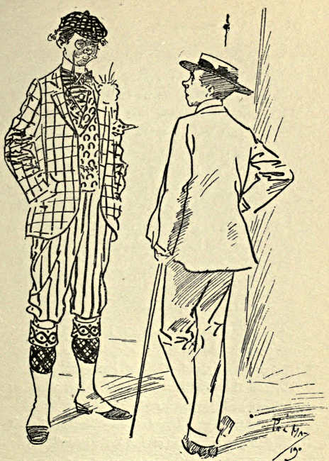 Young fop in tam o'shanter, checkered suit, waistcoat, plus-fours