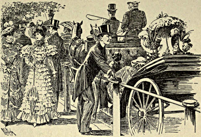 Gentleman talking to two older ladies in their carriage