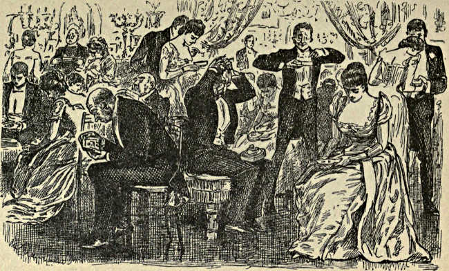 Party scene, no conversation, guests all engaged in separate puzzles
