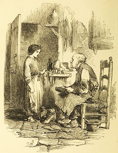 Girl talking to man seated by table working on shoes