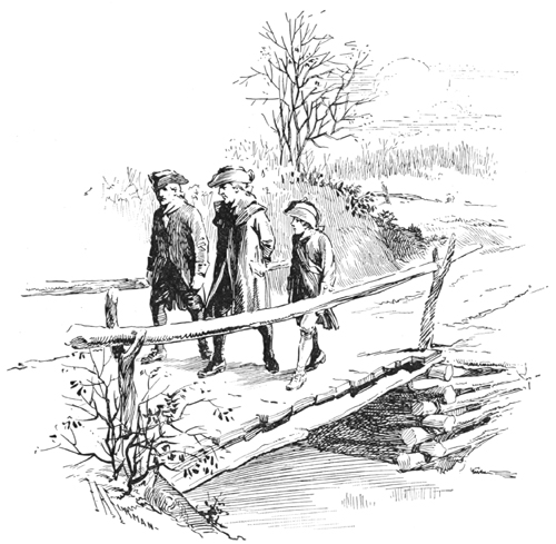 Master Rouse,
Captain Haskell, and Benjamin walking on bridge