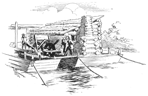 a watermill between two flatboats