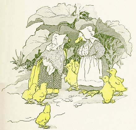 Mrs. Henny Penny and Mother Duck and their families meet