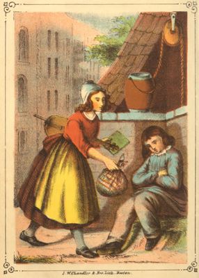 girl
holding a violin and giving a knapsack to a boy