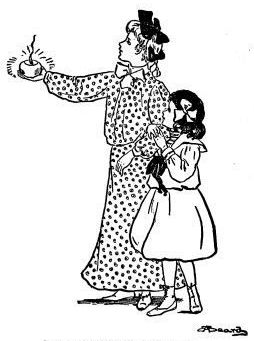 drawing of two girls with the older holding little lamp