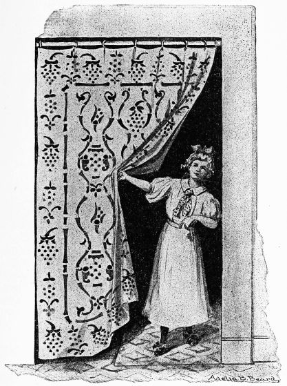 drawing of girl pulling aside curtain over doorway and looking out