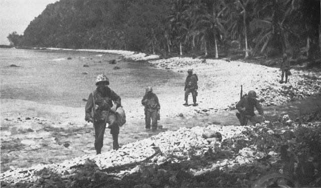 PATROL OF COMPANY F, 6TH RANGERS, at Desolation Point (above), and investigating a native village on Dinagat Island (below).