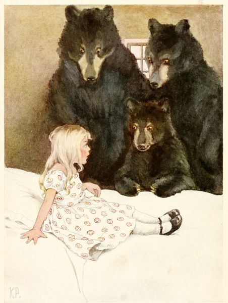 Color plate of Goldilocks being found by the bears