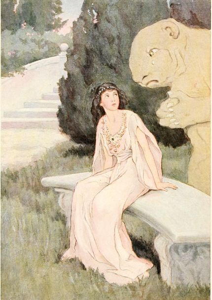Girl on stone bench with what looks like a large bear behind her