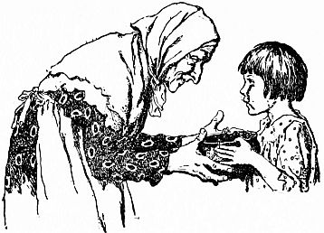 Little old lady handing porridge bowl to girl