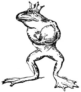 frog standing on hind legs wearing crown