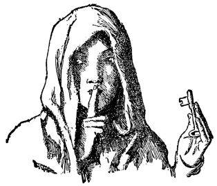 woman in hood saying "shhh" and holding up key