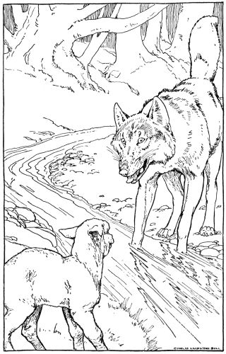wolf and lamb with stream between