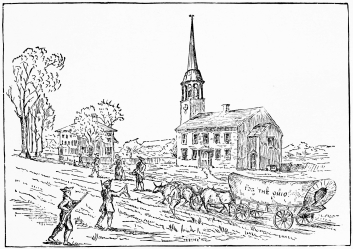 DR. CUTLER’S CHURCH AND PARSONAGE AT IPSWICH HAMLET,
1787. THE PLACE FROM WHICH THE FIRST COMPANY STARTED FOR THE OHIO,
DECEMBER 3, 1787.