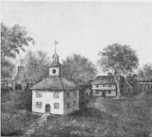 THIRD MEETING-HOUSE, 1695-1729.

(OLD INDIAN HOUSE ON THE RIGHT.)