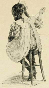 girl with back to reader sitting on stool sewing