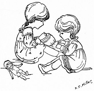 two little girls sitting on the floor sewing with dolly on floor beside them