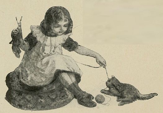 little girl trying to get kitten to leave her knitting yarn alone