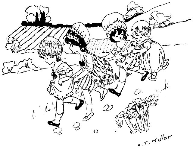 drawing of four little girls running down a hill