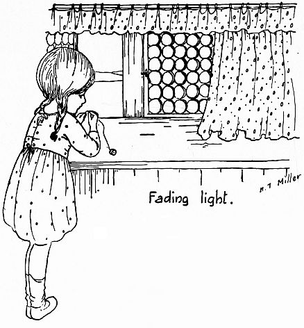 drawing of little girl trying to thread needle by window light
