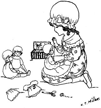 Little girl sewing for and dressing her dollies