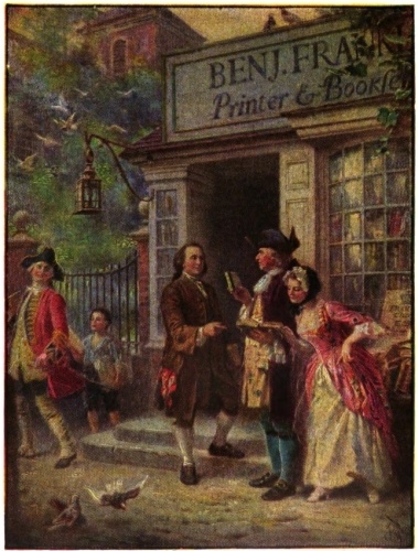 Franklin's Printing Office and Book Shop

Benjamin Franklin, printer, was one of the greatest men of his time.
He wrote philosophical essays and some doggerel verse, published
“Poor Richard’s Almanac,” and became a great invento. The
painting shows Christ Shurch in the background.
