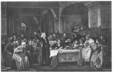 Columbus pleading his cause before King Ferdinand and
Queen Isabella of Spain.