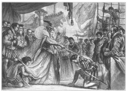 Queen Elizabeth knighting Drake on board the “Golden
Hind”

{108}From the drawing by Sir John Gilbert, R.A.