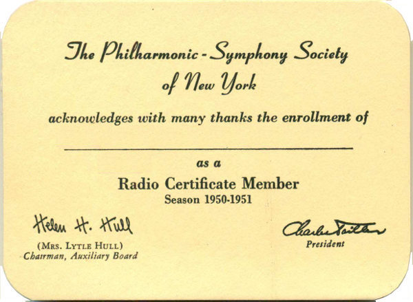 Radio Certificate Membership card, Philharmonic-Symphony Society of New York