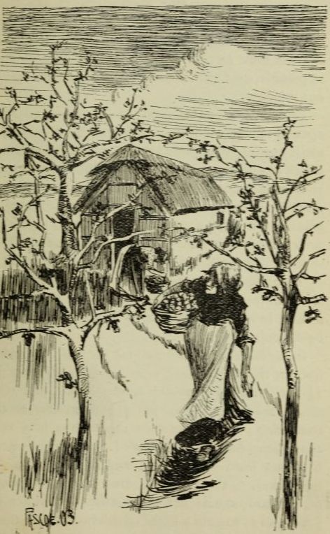 woman in orchard with small shed in background