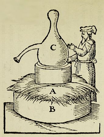 contraption taller than a man, distilling vessel on a cylinder on straw on tub
