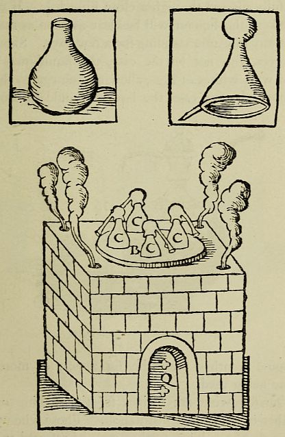brick furnace wiht bottles on top and two vessels pictured in insets above