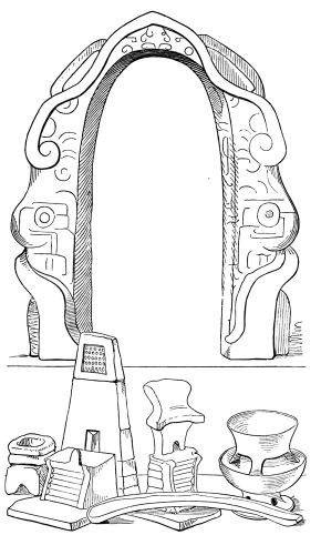 YOKE, KNIFE, SMALL VASES AND ALTARS USED IN AZTEC
SACRIFICES.