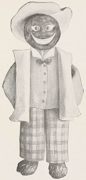 Man in plad trousers a vest, shirt and bow-tie and hat with a plum face