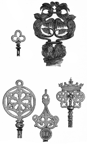 SPECIMENS OF ORNAMENTAL KEY HANDLES, REPRODUCED, BY
PERMISSION, FROM ‘THE BUILDER.’