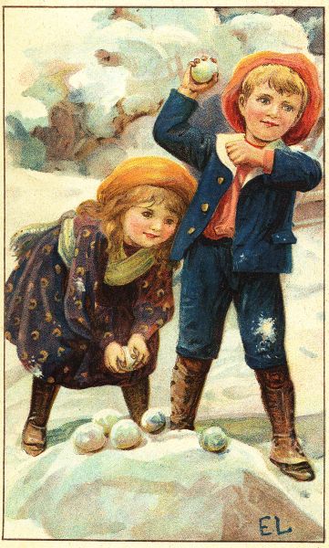 A girl and a boy throwing snowballs