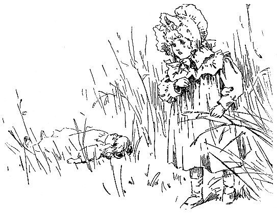 Doll lost in long grass little girl looking