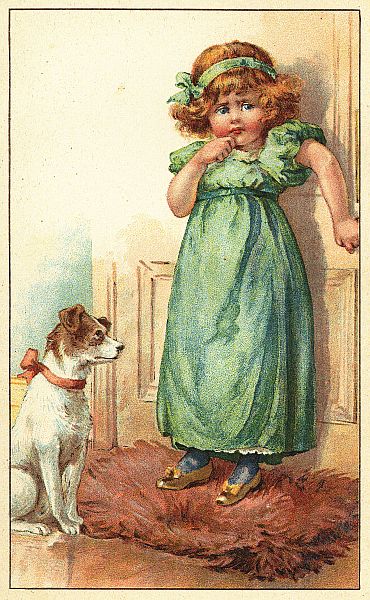 full color picture of Dodo with her back against a door and a little dog in front of her