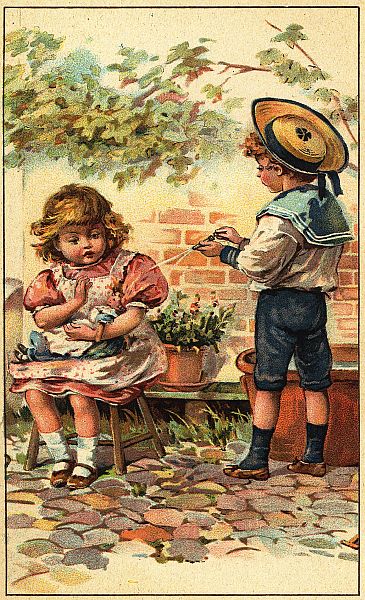 Color picture of two children in a garden
