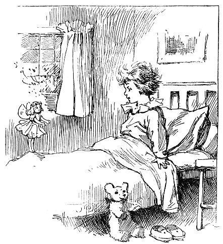 Girl in bed looking at fairy at foot